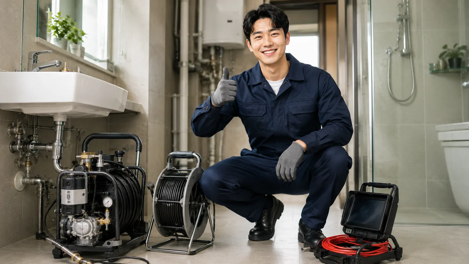경기 서남권 변기막힘 작업복 기술자와 변기내시경·전동스프링 전문 장비